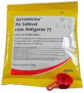 Terramicina Pó Solúvel com Antigerm 77 - Antibiótico oxitetraciclina – Zoetis 100gr