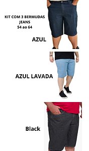 KIT 3 Bermudas Jeans Com Elastano Masculina Plus Size Dazzling 56 até 66