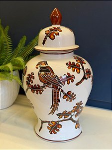 Potiche - Pássaros - Cerâmica - Branco e Marrom - 40CM