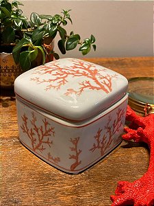 Caixa Decorativa - Cerâmica - Coral e Branco - Porta Jóias