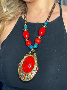 Colar em Metal - Dourado - Vermelho e Verde