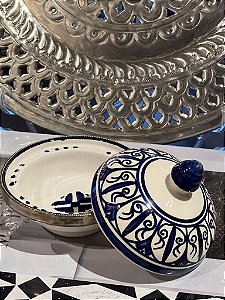 Tagine Marroquino - Saleiro - Azul e Branco - 10 x 10CM