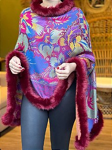 Poncho de Viscose Feminino - Rosa - Gola Vinho