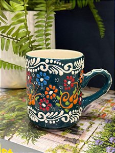 Caneca Turca - Cerâmica - Pintada à mão - Verde Escuro e Colorido