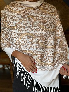 Echarpe Bordada - Aplique Dourado - Em Lã - Branco