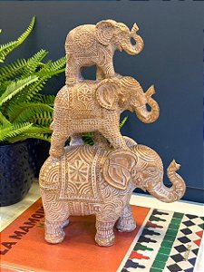Trio Elefante - Resina - Bege e Branco - 32,5CM