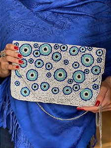 Bolsa Clutch -  Miçangas - Olho Grego - Azul e Branco - Com Alça