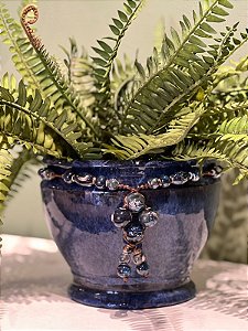 Cachepot em Ceramica - Azul Marinho - 18CM - Com Colar Decorativo