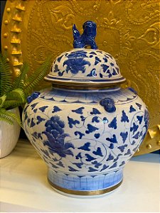 Potiche - Branco Com Detalhe Azul e Dourado - Ceramica