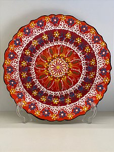 Prato de Parede Grande - Turquia - Decorativo - Cerâmica -  Laranja Com Vermelho