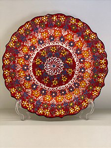Prato de Parede Grande - Turquia - Decorativo - Cerâmica - Vermelho Com Azul