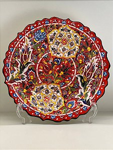 Prato de Parede Grande - Turquia - Decorativo - Cerâmica - Laranja Com Vermelho