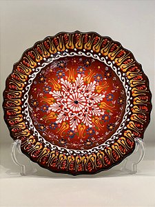 Prato de Parede Medio - Turquia - Decorativo - Cerâmica - Marrom Com Vermelho