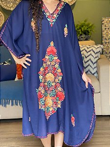 Kaftan - Bordado Azul Escuro  - Tamanho Único