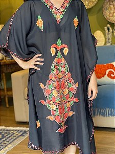 Kaftan - Bordado Preto - Tamanho Único