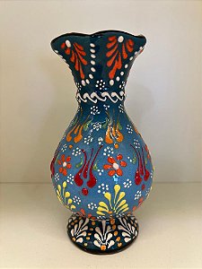 Vaso Decorativo - Azul Claro  - Ceramica - Alto Relevo - Turquia - 16CM