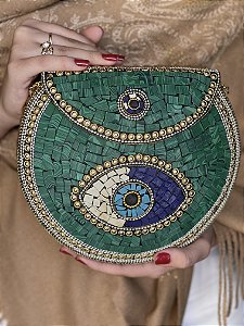 Bolsa Clutch em Metal  - Madrepérolas - Dourado e Verde - Olho Grego - Com Alça