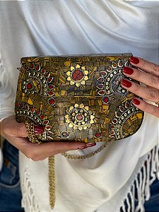 Bolsa Clutch em Metal - Marrom e Dourada -  Com Alça