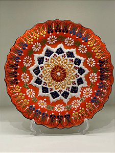 Prato de Parede Medio - Turquia - Decorativo - Cerâmica - Alto Relevo - Laranja