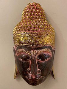 Cabeça Buda Esculpido - Madeira - Pintado à mão - Rosa e Dourado