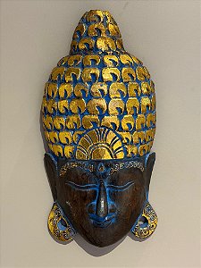 Cabeça Buda Esculpido - Madeira - Pintado à mão - Azul e Dourado