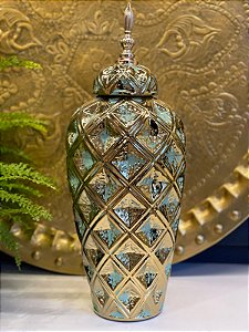 Vaso Potiche - Verde e Dourado  - Ceramica - 44,5CM