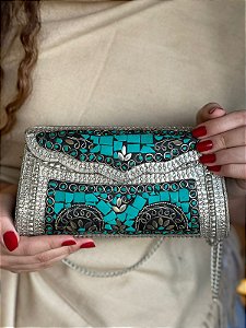 Bolsa Clutch em Metal - Prata e Turquesa - Com Alça