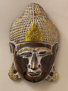 Cabeça Buda Esculpido - Madeira - Pintado à mão - Marrom e Dourado