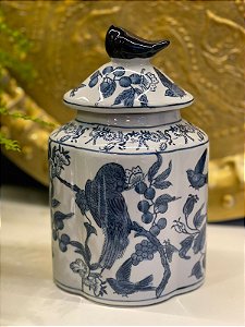 Vaso Potiche - Branco e Azul  - Pássaros - Cerâmica - 23,5cm