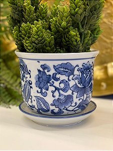 Cachepot em Ceramica - Azul e Branco - 14,5CM