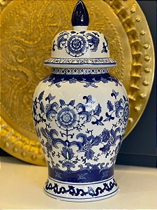 Vaso Potiche - Azul e Branco - Cerâmica - 45cm