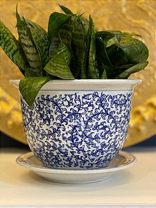 Cachepot em Ceramica - Azul e Branco - 21CM