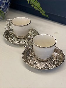 Xicara Turca - Par - Vidro - Prata e Branco