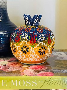 Vaso Romã Decorativo - Azul  e Amarelo - Ceramica - Turquia - G