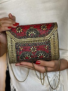 Bolsa Clutch em Metal - Dourada e Vermelho - Com Alça