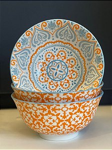 Bowl - Cerâmica - Laranja e Azul Claro - Tamanho Grande
