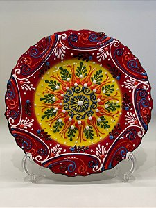 Prato de Parede Pequeno - Turquia - Decorativo - Cerâmica - Alto Relevo - Vermelho e Amarelo