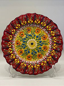 Prato de Parede Pequeno - Turquia - Decorativo - Cerâmica - Alto Relevo - Vermelho e Amarelo