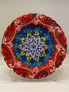 Prato de Parede Pequeno - Turquia - Decorativo - Cerâmica - Alto Relevo - Coral e Azul