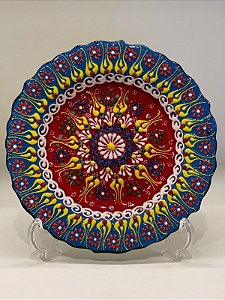 Prato de Parede Pequeno - Turquia - Decorativo - Cerâmica - Alto Relevo -Azul e Vermelho