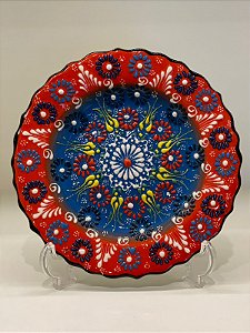 Prato de Parede Pequeno - Turquia - Decorativo - Cerâmica - Alto Relevo -Coral e Azul
