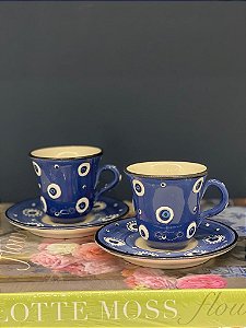 Xícara- Turca - Pintada a mão - Cerâmica - Par - Olho Grego - Azul