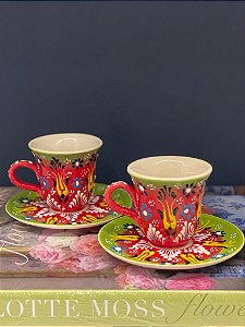 Xícara- Turca - Pintada a mão - Cerâmica - Par - Vermelho e Verde