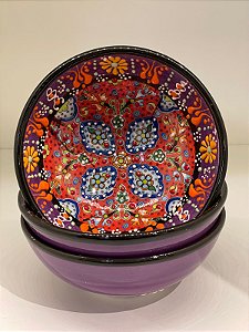 Bowl - Cerâmica - Turquia - Relevo - Roxo e Vermelho - Tamanho Médio