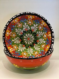 Bowl - Cerâmica - Turquia - Alto Relevo - Laranja e Verde - Tamanho Médio