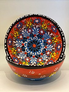 Bowl - Cerâmica - Turquia - Alto Relevo - Laranja e Azul - Tamanho Médio