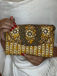 Bolsa Clutch - Bordado - Miçangas - Amarelo e Dourado