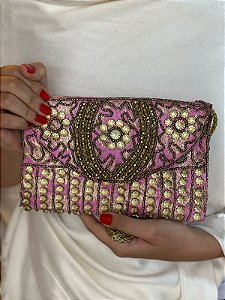 Bolsa Clutch - Bordado - Miçangas - Rosa Claro e Dourado