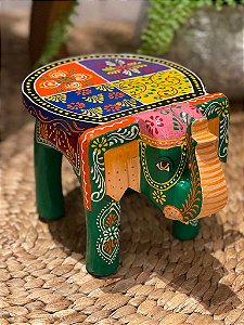 Banqueta - Elefante - Madeira - Mini - Pintado à Mão - Verde e Colorido