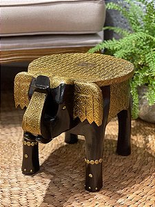 Banqueta Elefante com Aplique em Metal - Madeira - Media - Pintado à Mão - Marrom e Dourado